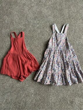 Cotton On Girls Coral Red Gauze Romper and H&M Floral Pinafore Dress